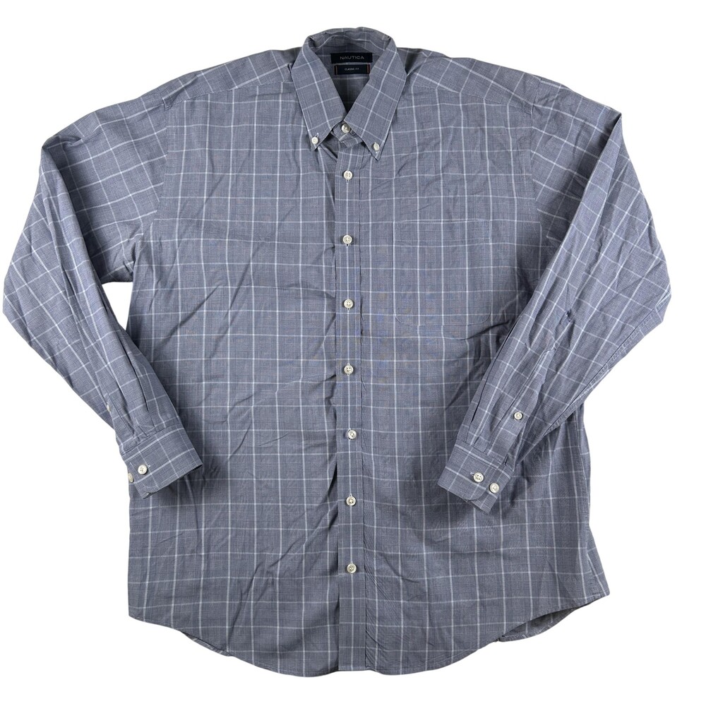 Nautica Dress Shirt Mens 16.5 34/35 Plaid Classic Fit Button Down Cotton FLAW